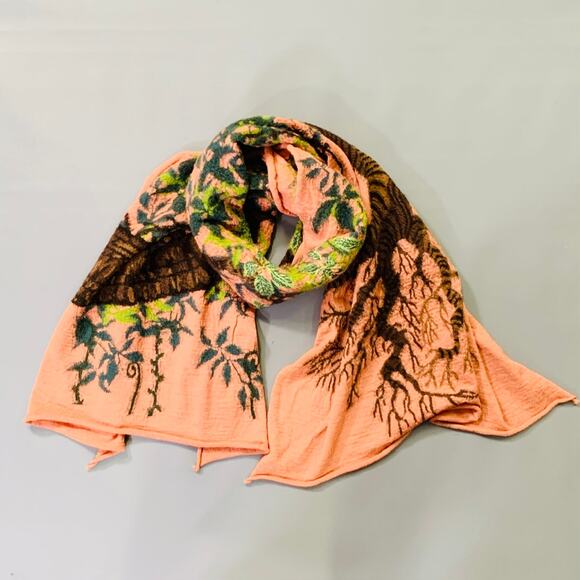 KAPITAL Orange Green Brown Leafy Tree Wool Scarf - Picture 2 of 4